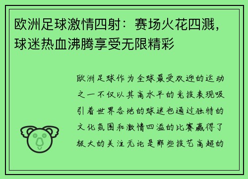 欧洲足球激情四射：赛场火花四溅，球迷热血沸腾享受无限精彩