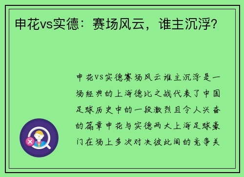 申花vs实德：赛场风云，谁主沉浮？