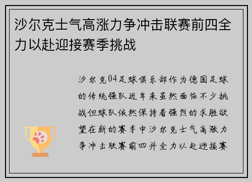 沙尔克士气高涨力争冲击联赛前四全力以赴迎接赛季挑战
